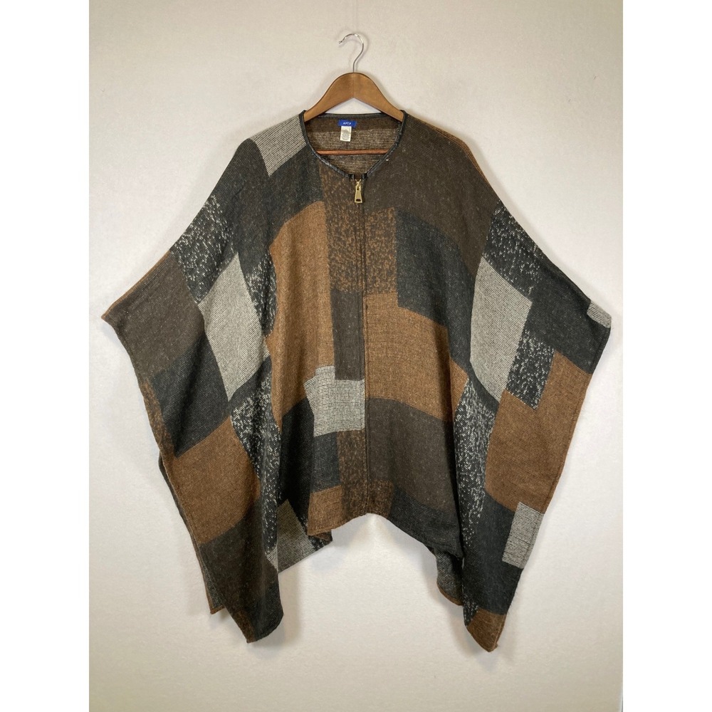 Boho Earthy Apt. 9 Womens One Size Brown Patchwork Zip Neck Knit Poncho Wrap‎